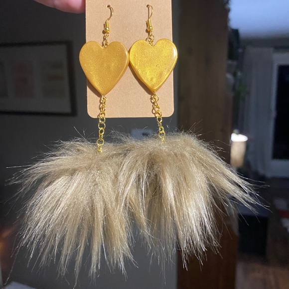 Handmade Gold and Brown Faux Fur Dangle Earrings PomPom - Picture 2 of 2